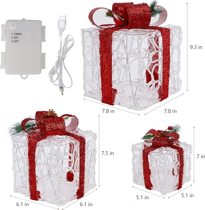 ATDAWN Set of 3 Lighted Gift Boxes Christmas Decorations, Clear Acrylic Present Boxes, Christmas Home Gift Box Decorations