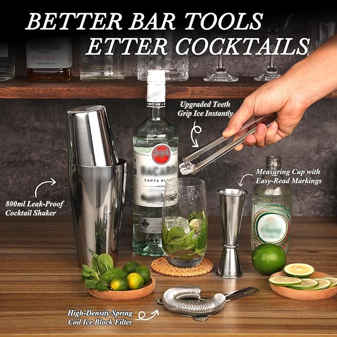 Boston Cocktail Shaker Set with Stand, 20-Piece Complete Bartender Kit for Home Bar Use, Essential Bar Set with 18oz & 28oz Tin Shaker, Bar Accessories and Recipes, Ideal for Parties & Gift Giving