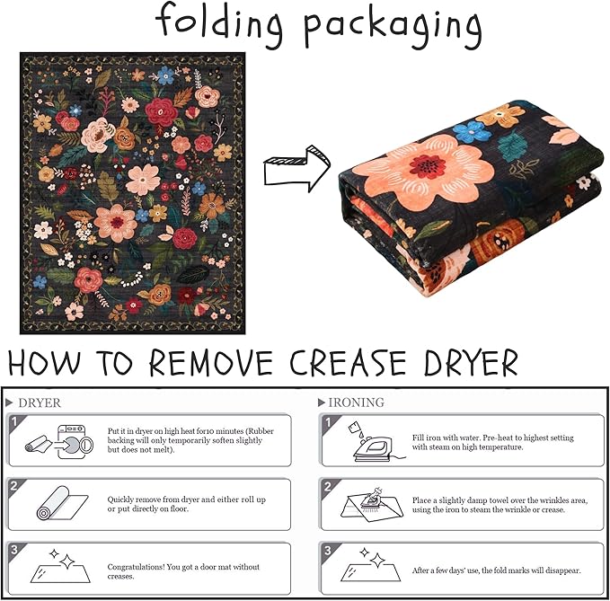 Rugcomf Area Rugs 8x10 Rug for Living Room Clearance Washable Boho Area Rug Non Slip Floral Vintage Low Pile Large Rug for Living Room, Bedroom, Farmhouse, Dining Room, Kids Playroom(Black)