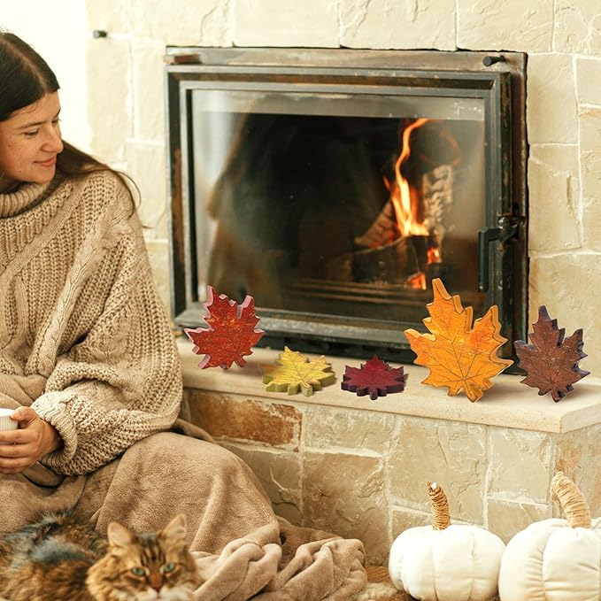 5pcs Fall Decorations for Home – Wooden Maple Leaves Set for Thanksgiving Table Centerpieces, Autumn Tabletop, Office Desk Decor