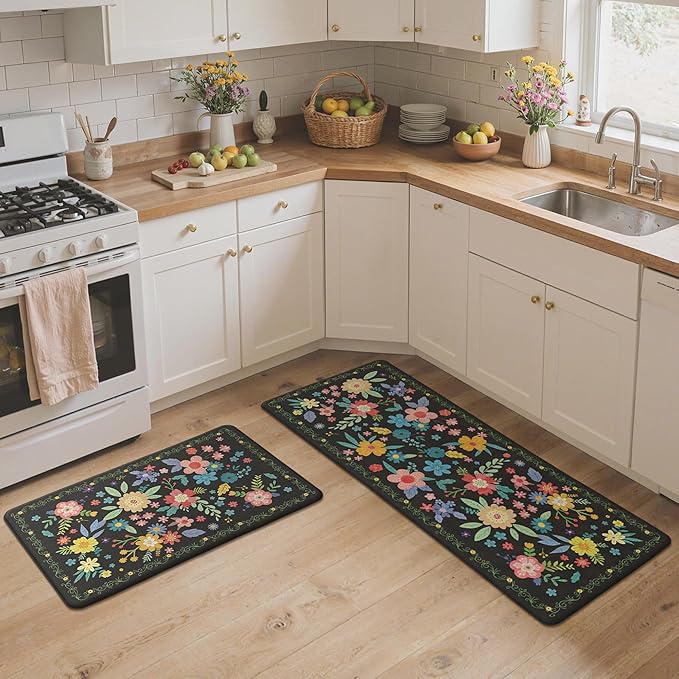 GENIMO Kitchen Mats for Floor 2PCS, Cushioned Kitchen Rugs Non Slip Washable, Farmhouse Anti Fatigue Mat Waterproof, Comfort Standing Mat Rug for Office, Home, Laundry, Sink, 20"x48"+20"x32", Black