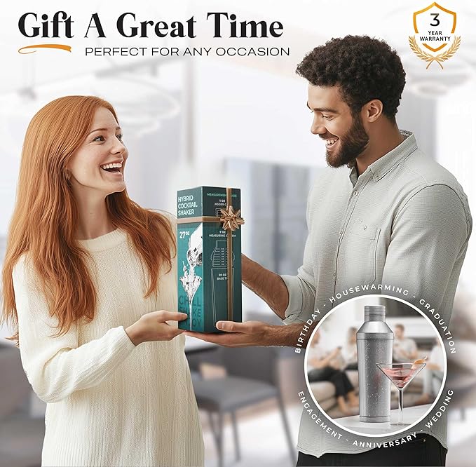 Insulated Cocktail Shaker Set | Double Wall Stainless Steel | Martini Shaker for Home Bar Bartending | Built-in Drink Measurement System & Strainer, Travel Bag, 35 Recipes | Gift Set (Antique Silver)