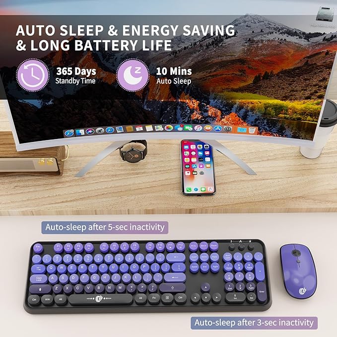 FD Wireless Keyboard and Mouse Combo | Cute Colorful Keyboard and Mouse with 2.4GHz Cordless Retro Typewriter Keyboard | Auto-Sleep | USB Receiver for Windows PC/Laptop - Black Purple Gradient