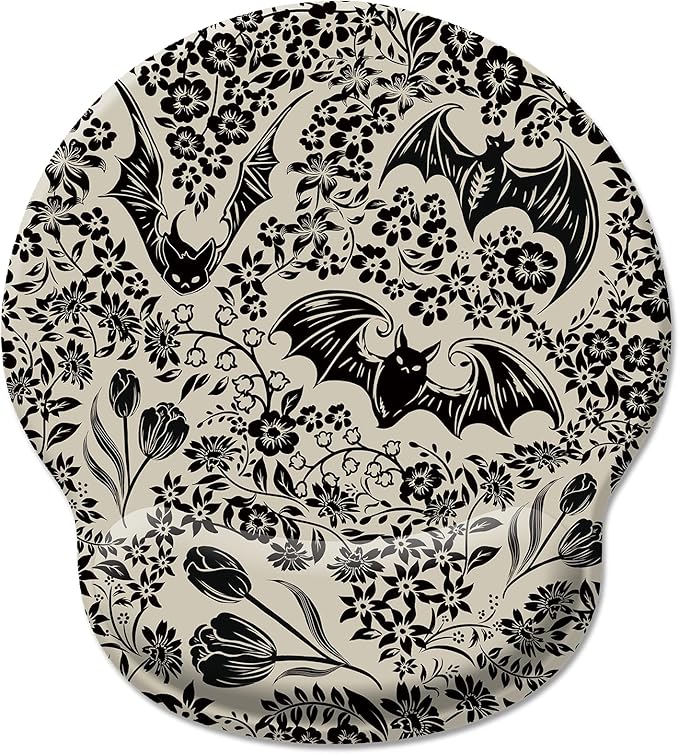 Goth Bat Floral Ergonomic Mouse Pad with Wrist Rest, Gothic Flowers Gaming Mousepad Wrist Support, Funny Computer Mouse Pad with Non-Slip PU Base for Desk Accessories Office Decor Supplies