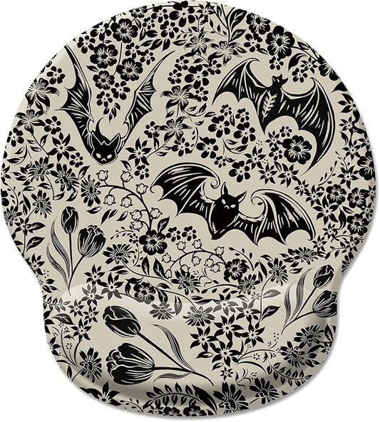 Goth Bat Floral Ergonomic Mouse Pad with Wrist Rest, Gothic Flowers Gaming Mousepad Wrist Support, Funny Computer Mouse Pad with Non-Slip PU Base for Desk Accessories Office Decor Supplies