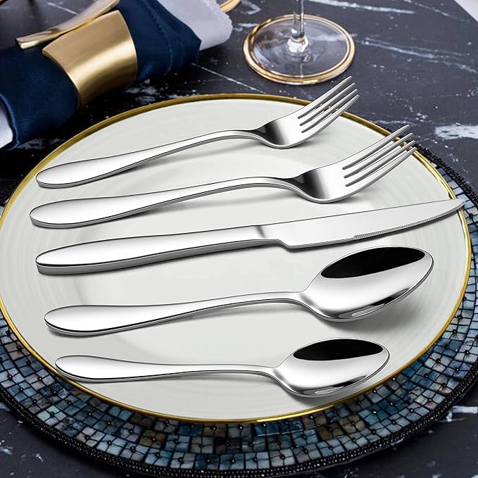 LIANYU Silverware Flatware Set for 8, 40 Piece Stainless Steel Cutlery Set Include Forks Spoons Knives, Eating Utensils for Home Kitchen Restaurant Tableware, Mirror Finish, Dishwasher Safe