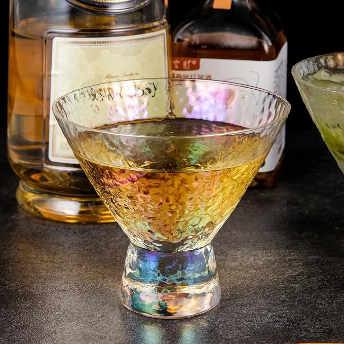 Lysenn Iridescent Stemless Martini Glasses Set of 4 - Premium Hammered Cocktail Glasses for Weddings, Anniversary, Christmas, Party - 7.7oz