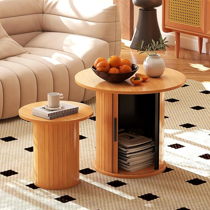 Nesting Coffee Table Set of 2 with Hidden Storage & Sliding Door, Circle Wood Coffee Table, Farmhouse Side & End Table Sets for Living Room, Small Spaces, Natural