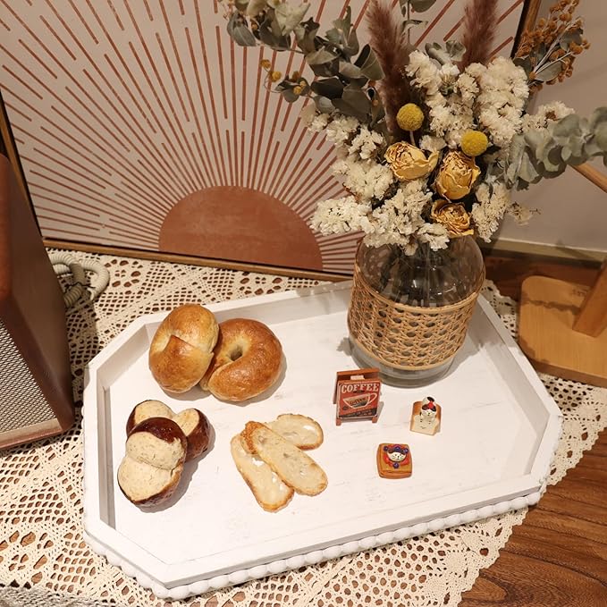 Whitewashed Wood Serving Tray with Beads, Farmhouse Decorative Tray for Table Centerpiece, Christmas Wedding Halloween Home Decor