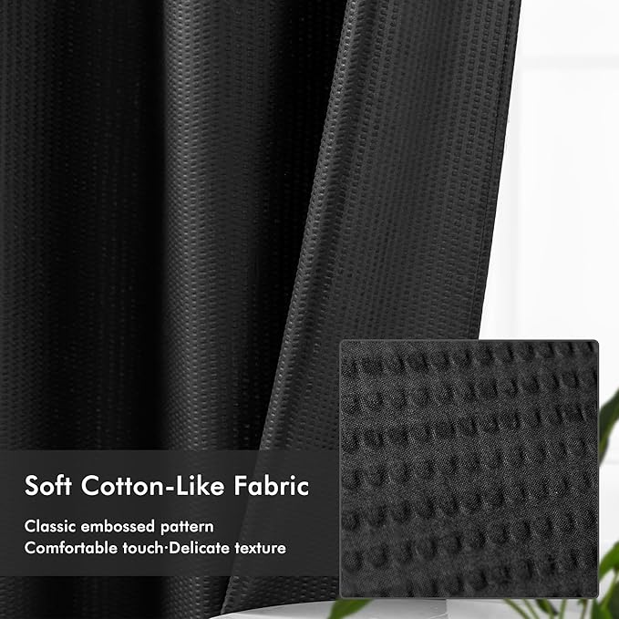 Mrs Awesome No Hook Shower Curtain with Snap-in Liner Less Time On/Off, Embossed Waffle-Look Textured Fabric Shower Curtain for Bathroom, Soft & Lightweight, 71x74, Black