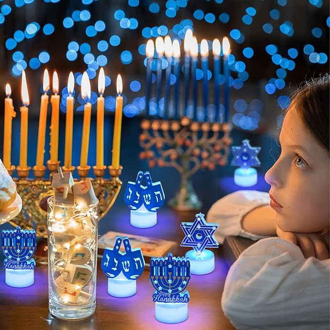 6 PCS Hanukkah Tea Lights Candles Battery Operated LED Flameless Tealight Candles, Blue Star of David Menorah Dreidel Hanukkah Decorations Centerpieces for Home Kitchen Party Decor