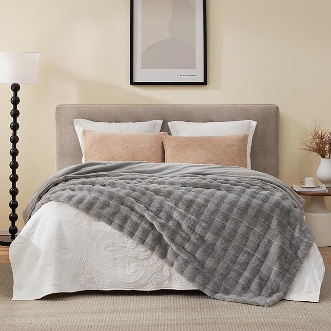 Cozy Bliss Fluffy King Size Throw Blankets for Bed,Warm Cozy Soft Grey Faux Fur Throw Blankets for Sofa Bedroom Living Room,108x90 Inches