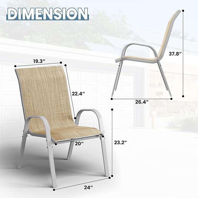 Amopatio Patio Chairs Set of 4, Stackable Outdoor Dining Chairs for All Weather, Silver Outdoor Chair Garden Furniture for Backyard Deck, Beige