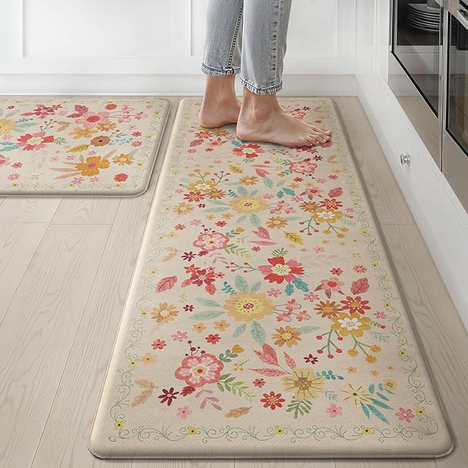 GENIMO Kitchen Mats for Floor 2PCS, Cushioned Kitchen Rugs Non Slip Washable, Farmhouse Anti Fatigue Mat Waterproof, Comfort Standing Mat Rug for Office, Home, Laundry, 17.3"x47"+17.3"x30", Beige