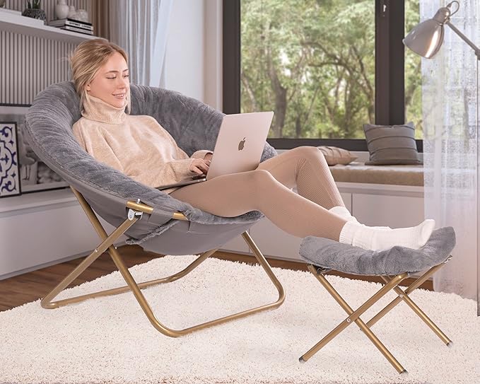 Milliard Cozy Chair with Footrest Ottoman/Faux Fur Saucer Chair for Bedroom/X-Large (Grey)
