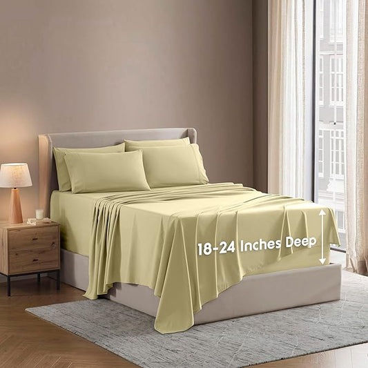 Nestl Extra Deep Queen Sheet Set - 6 Piece Breathable & Cooling Sheets - Hotel Luxury Bedding Set w/18-24 Inch Extra Deep Pockets - Easy & Secure Fit - Soft, Wrinkle Free & Comfy - Vanilla Yellow