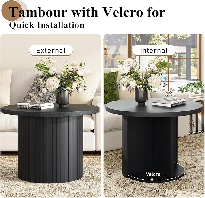 Nesting Coffee Table Set of 2, Mid Century Modern Round Coffee Table, Wood Slat Side Table Set for Living Room, Office, Balcony, Textured Black