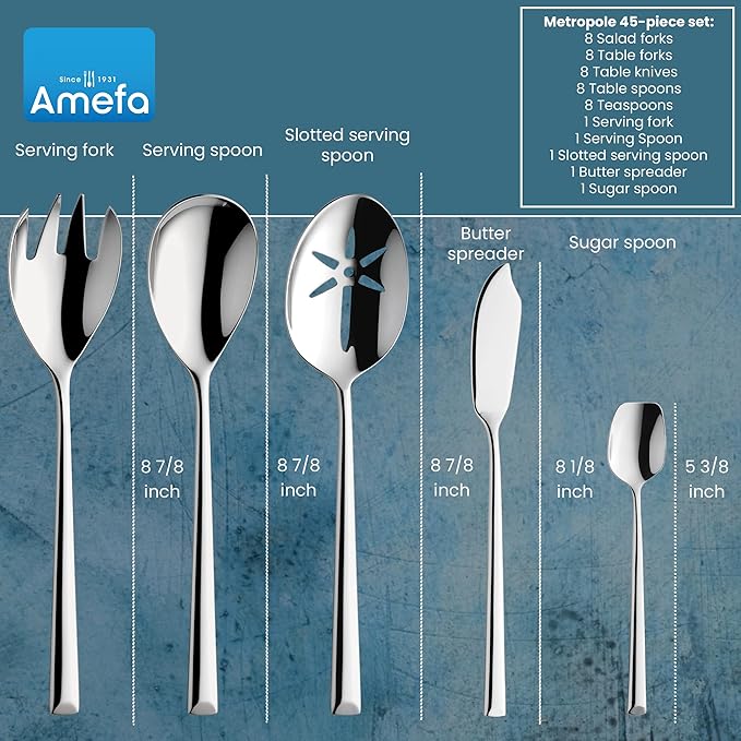 Amefa 45-Piece Silverware Flatware Cutlery Set Service for 8, Durable 18/10 Stainless Steel High Gloss Mirror Finish, tableware in Ergonomic Design Size and Weight, Dishwasher Safe (Metropole)