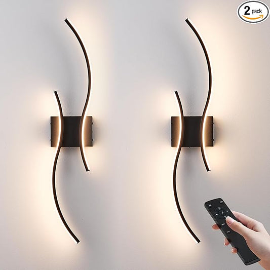Battery Operated Wall Sconces Set of Two with Remote Control, Stepless Colors 3000K-6000K & Dimming, LED Black Wireless Wall Light for Living Room, Hallway, Bedroom, 27.5 Inch (2 Pack)