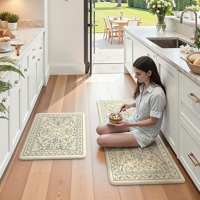 Collive Kitchen Mats for Floor 2PCS, Cushioned Anti Fatigue Rugs Non Slip Waterproof Kitchen Sink Mat, Floral Comfort Standing Mat for Bar, Office, Desk, Home Decor, Beige 20" x 47" + 20" x 32"