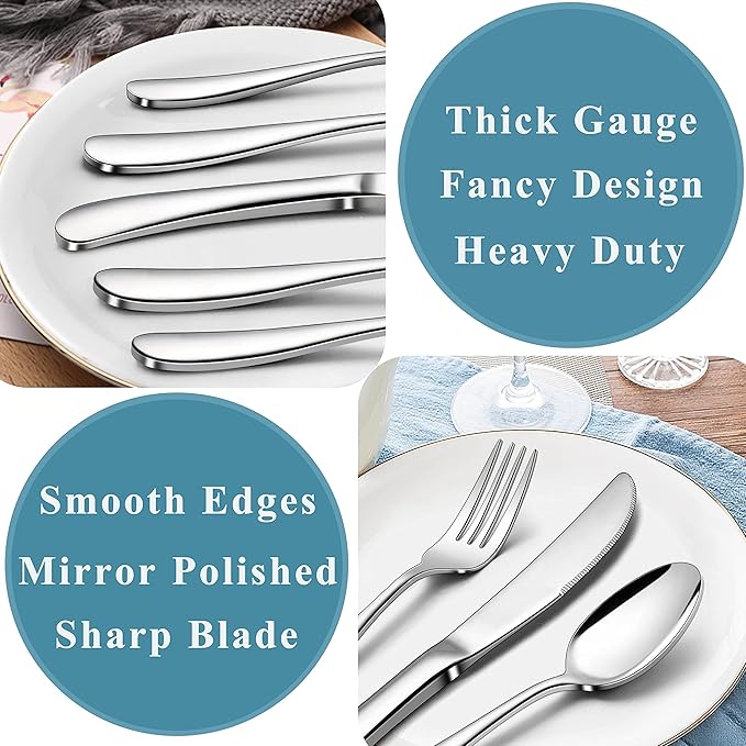 Herogo Heavy Duty Silverware Set with Serving Utensils, 65-Piece Stainless Steel Heavy Weight Modern Flatware Set for 12, Fancy Cutlery for Home Wedding, Dishwasher Safe, Mirror Finished