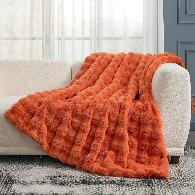 Cozy Bliss Faux Fur Throw Blanket for Couch, Fuzzy Soft Plush Thick Bubble Blanket for Sofa Bedroom Living Room, 50 * 60 Inches Halloween Burnt Orange