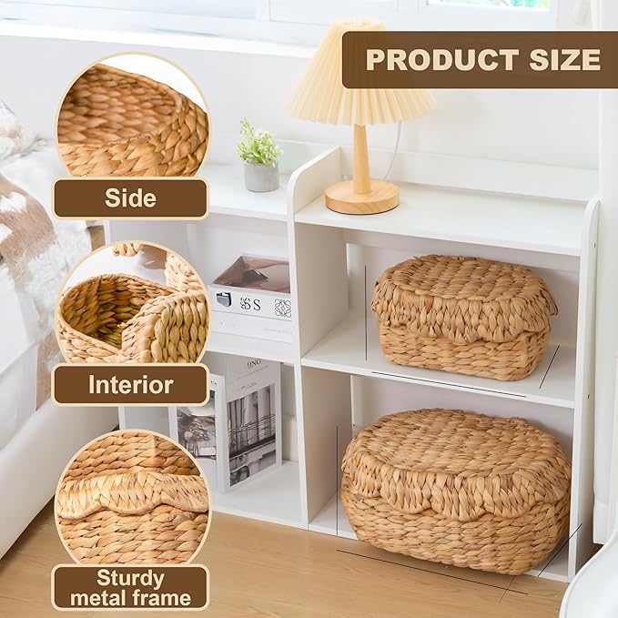 KOKODO Pack of 2 Scalloped Basket with Lids, Water Hyacinth Wicker, BOHO Handwoven Wicker Basket for Gifts, Diaper Caddy Organizer