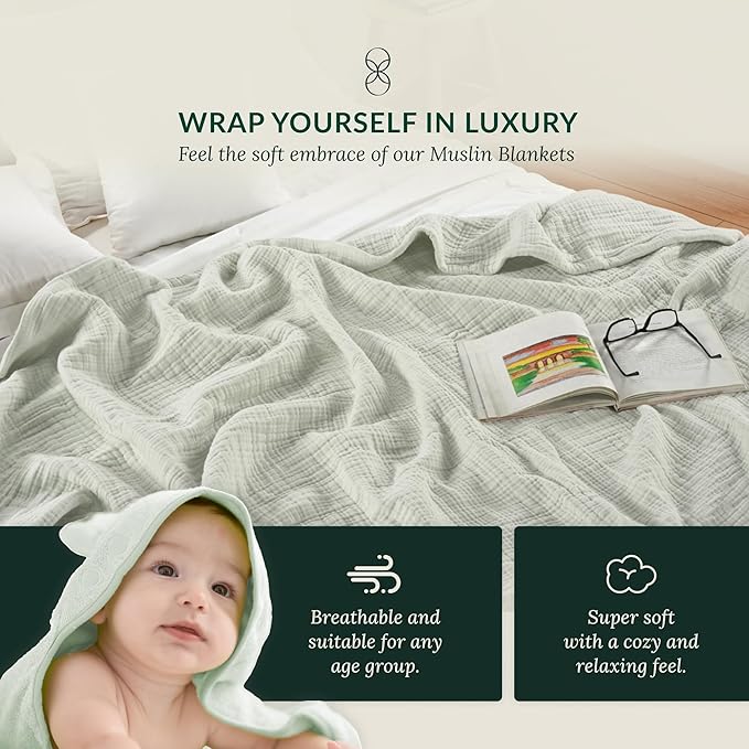 Cloud Scape Linen Extra Large 4 Layer Muslin Throw Blanket - 100% Cotton Gauze, Lightweight & Breathable All Season, Pre-Washed, for Couch & Bed, 50x70, Seafoam Green