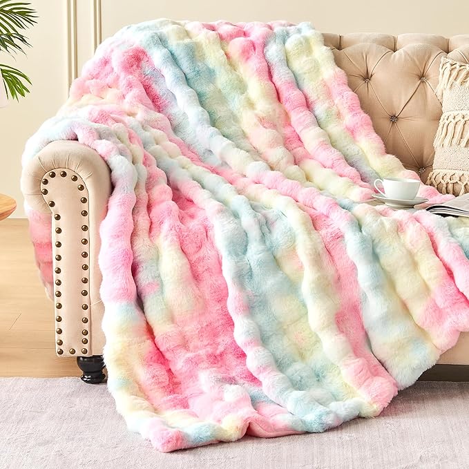 Luxury 1000GSM Faux Rabbit Fur Throw Blanket, Super Heavy Warm Cozy Blankets for Couch Bed Sofa, Bubble Plush Fuzzy Elegant Soft Reversible Mink Blanket for Living Room Bedroom, Rainbow