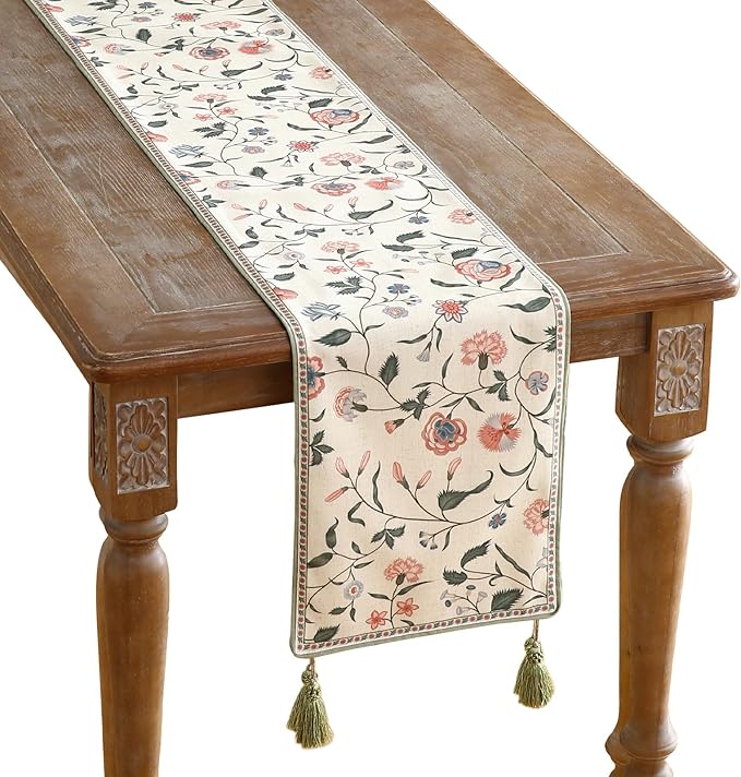 ISAENNE Designer Chinoiserie Elegant Linen Floral Extra Long Table Runner 118 Inches,White Wrinkle Resistant Table Runners for Dining Tables,Thanksgiving,Kitchen Tables,Christmas,12"*118"-Daffy A