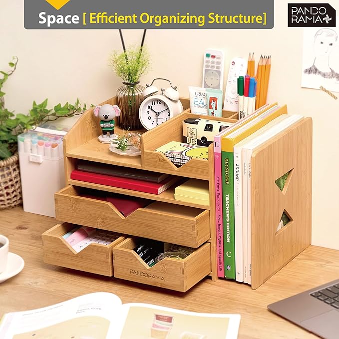 Pandorama Bamboo Desk Organizer with Adjustable File & Book Holder, Large 4Tier Dektop Storage for Office, A4 Full Size Drawer, No Assembly Required,Kitchen and Bedroom