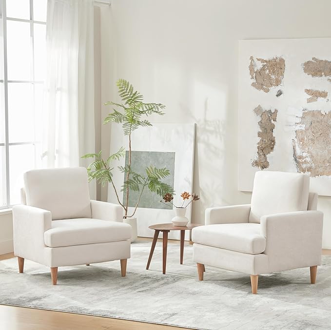 VKNOW Mid-Century Accent Chair, Modern Upholstered Chenille Armchair for Living Room,Comfy Reading Accent Chairs with Wood Legs for Bedroom, Beige Polyester