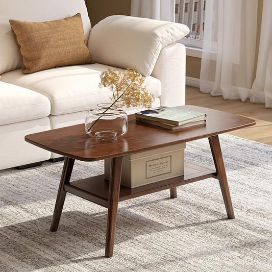 100% Solid Oak Wood Coffee Table for Living Room, 2-Tier Living Room Table with Storage Shelf, Mid Century Modern Coffee Tables (Walnut Colour, 39.37" W x22.05 D x 17.32" H)