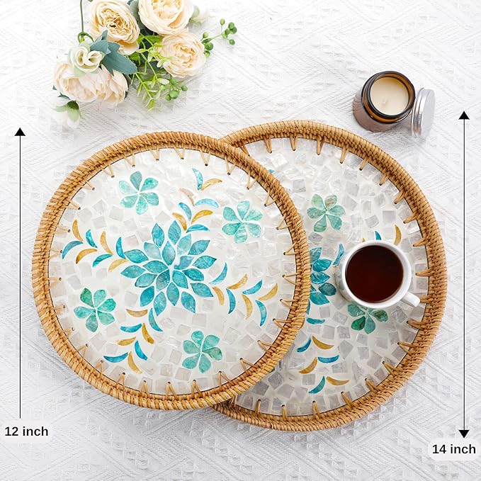 Rattan Serving Tray with Mother of Pearl, Round Coffee Table Tray Decor, Boho Decorative Round Hand-Woven Wicker Home Decor (Spring Garden, 12 inch)