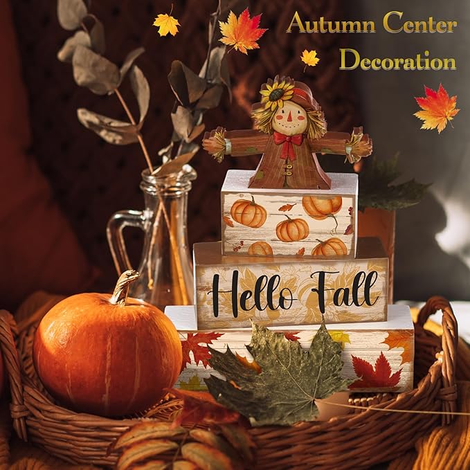 4 Pcs Fall Decor for Home Scarecrow Pumpkin Wooden Signs with Sayings Autumn Scarecrow Tiered Tray Decor Hello Fall Tabletop Centerpiece Maple Leaf Block Signs for Thanksgiving Office Kitchen Shelf