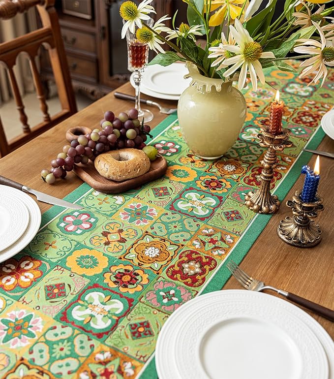 13×72 Inch Table Runner, Retro-Luxury Tassels Series for Kitchen Dining Table Holiday Decoration (Ethnic Green)