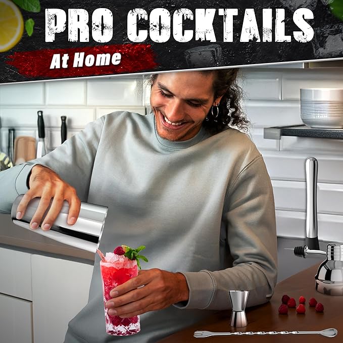 Bar Tool Set – Stainless Steel Mixed Drink Shaker Set with 10 Accessories, Durable & Easy to Clean – Bartender Kit with Stand | Wooden Organizer for Home Bar Setup, Great Gift for Cocktail Enthusiasts