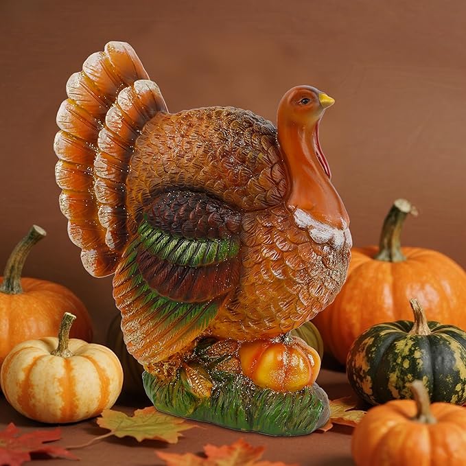 winemana Thanksgiving Table Decorations Resin Turkey with Pumpkin, Hand-Painted Fall Figurine Centerpiece for Home Kitchen Office Harvest Day Decor