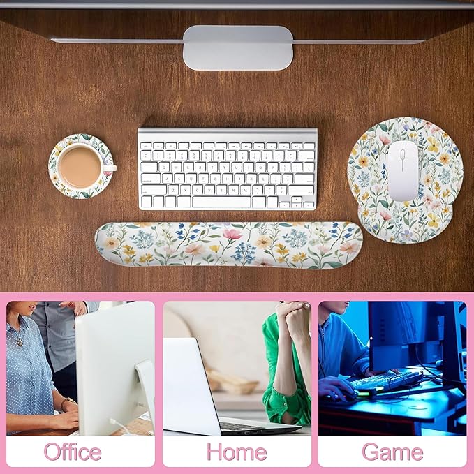 Wildflowers Leaves Mouse Pad with Wrist Rest and Keyboard Wrist Rest Set, Spring Colorful Flowers Non-Slip Rubber Base Memory Foam Mouse Pad Set for Women, Office Desk Accessories, Gaming
