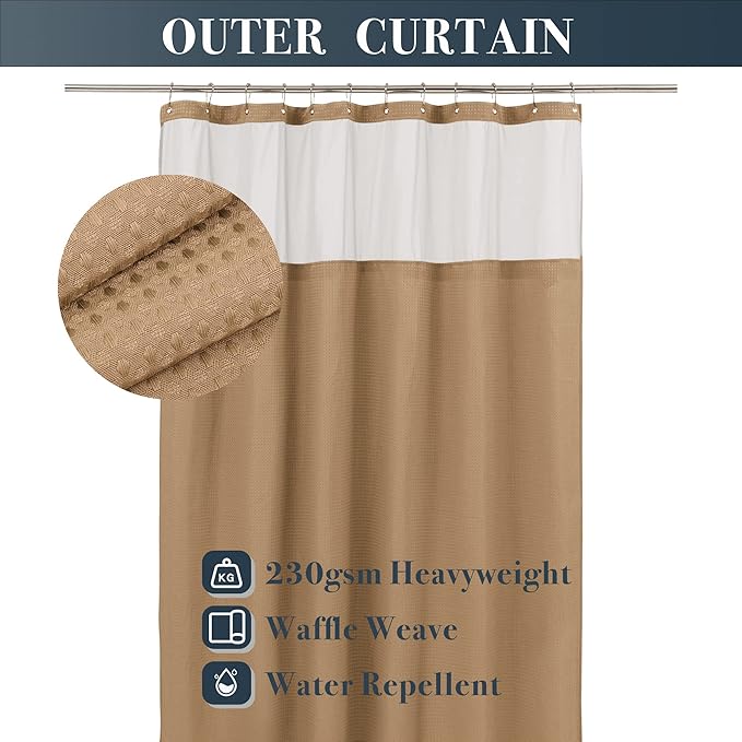 N&Y HOME Waffle Weave Shower Curtain with Snap-in Fabric Liner & 12 Metal Hooks Set - Hotel Style, Waterproof & Washable, Heavyweight Fabric & Mesh Top Window - 71x72, Coffee Brown