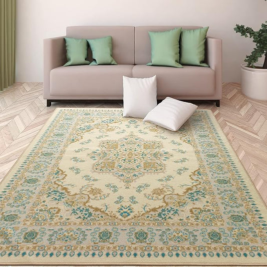 Antep Rugs Alfombras Oriental Traditional 4x6 Non-Skid (Non-Slip) Low Profile Pile Rubber Backing Indoor Area Rugs (Blue Beige, 4' x 5'8")