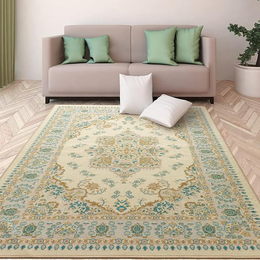 Antep Rugs Alfombras Oriental Traditional 3x5 Non-Skid (Non-Slip) Low Profile Pile Rubber Backing Indoor Area Rugs (Blue Beige, 3' x 5')