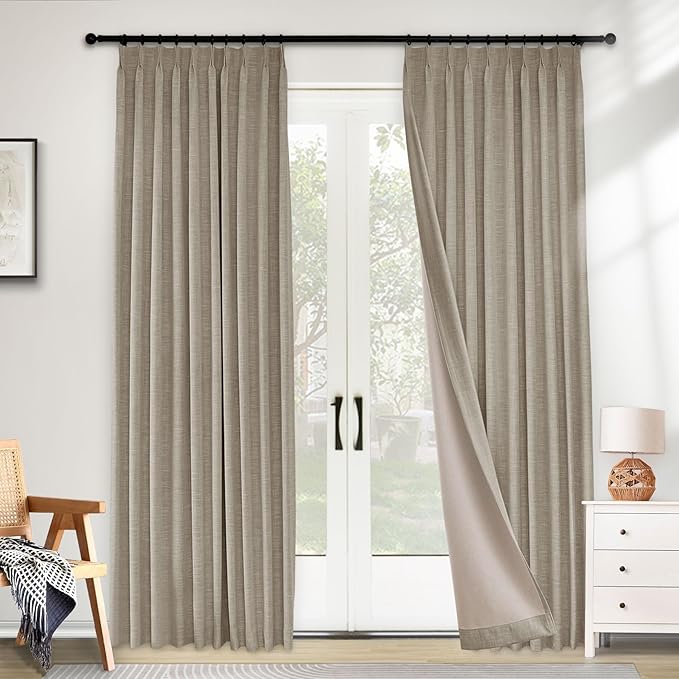 Macochico 100% Blackout Thermal Curtains Pinch Pleated Linen Curtains with Hooks Noise Reducing Curtains for Living Room Bedroom Nursery Kids Room with Tieback Brown 72" Wx102 L 1 Panel
