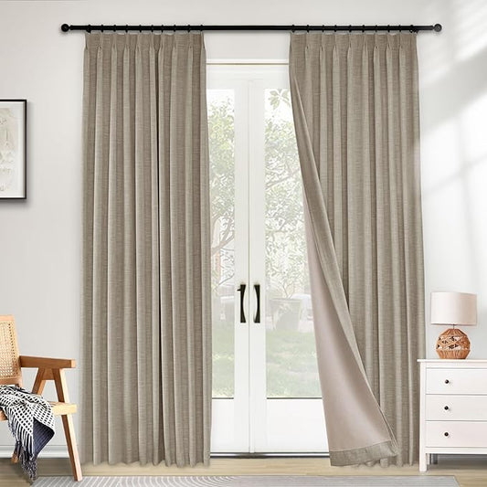 Macochico 100% Blackout Thermal Curtains Pinch Pleated Linen Curtains with Hooks Noise Reducing Curtains for Living Room Bedroom Nursery Kids Room with Tieback Brown 72" Wx102 L 1 Panel