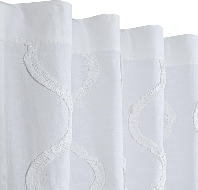Bedding Craft White Cotton Farmhouse Tab Top Curtains Set of 2, 96" Long x 50" Wide, White 2 Panel Drapes Curtains,Frill Trim Semi Sheer Light Filtering Drapes, Pack of 2
