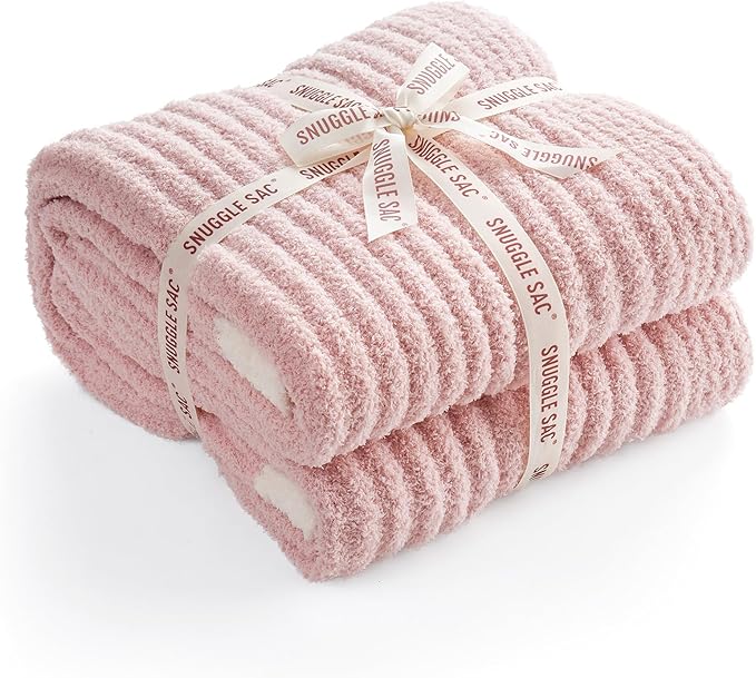 Snuggle Sac Pink Throw Blanket for Couch, Soft Cozy Ribbed Fluffy Blankets for Women, Warm Microfiber Knit Cute Throws for Girls Daughter Women Gifts for Mom, Pink, 50x60 inches