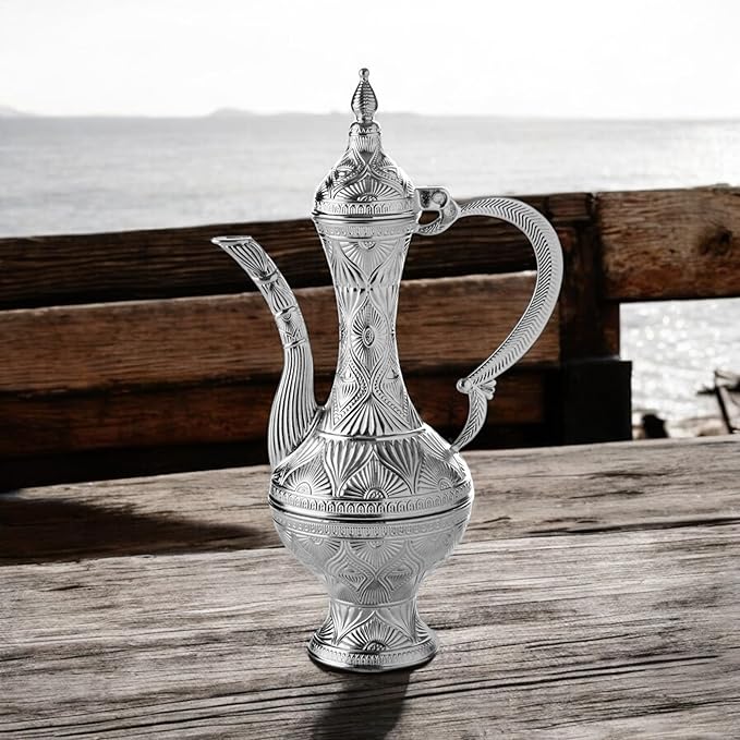 Alisveristime Small Decorative Zamac Ewer – Miniature Ottoman-Inspired Ornate Pitcher with Lid for Home Décor (8.27” x 4.72” x 2.76”) (Silver)