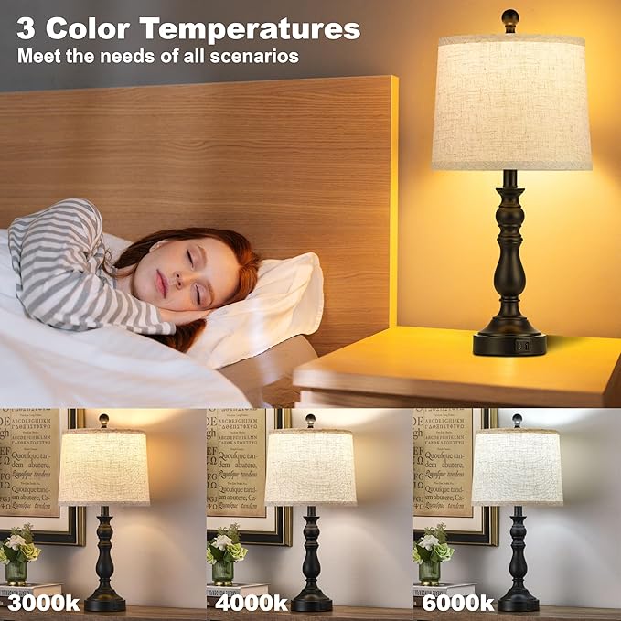 23'' Farmhouse Table Lamps for Living Room Set of 2 with USB C+A Ports, Retro Bedside Lamp for Bedroom, Office, Dining Room, Knob Switch, 3 Color Temperatures, Bulb Included, Black
