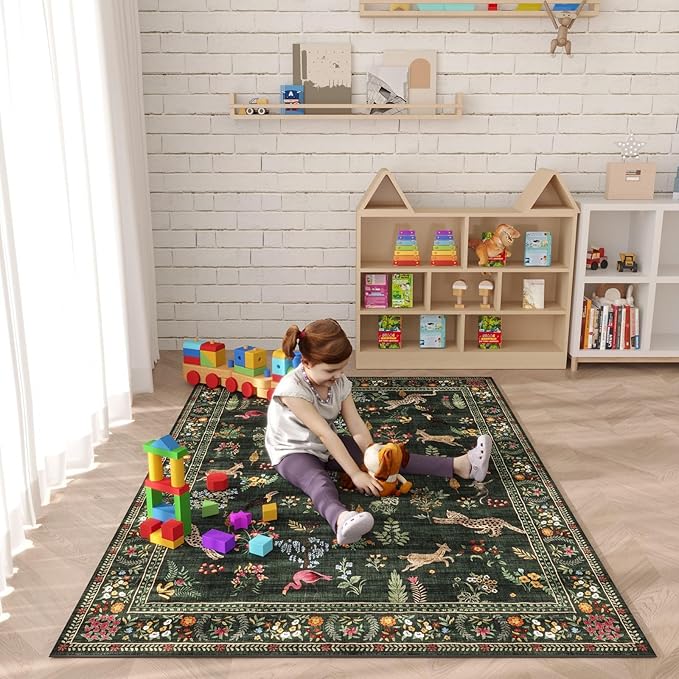 Rugcomf Bedroom Rug 3x5 Rug Washable Area Rug Non Slip Low Pile Boho Floral Animal Small Carpet for Bedroom, Bedside, Kitchen, Entryway, Kids Room, Office, College Dorm Essentials for Girls (Green)