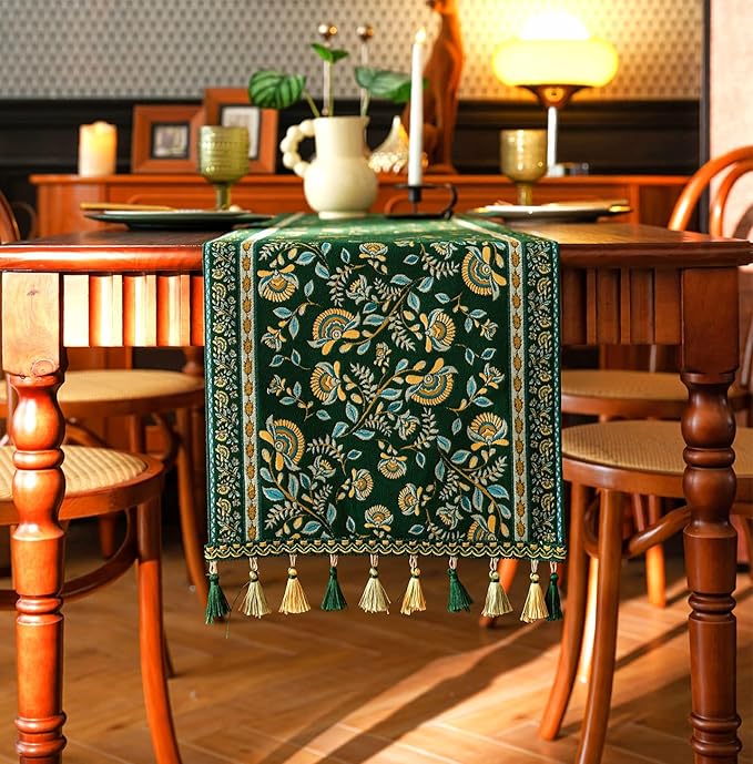 13×72 Inch Table Runner, Retro-Luxury Tassels Series for Kitchen Dining Table Holiday Decoration (Green Branch)